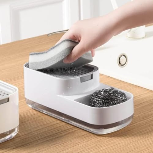 Lakshiv Kitchen Soap Dispenser with Sponge Holder, 400 ml ABS Plastic Liquid Soap Pump, Countertop D