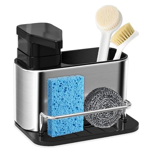 Lakshiv Kitchen Soap Dispenser with Sponge Holder and Brush Organizer, Stainless Steel Sink Caddy wi