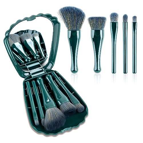 Shell Portable Makeup Brush Set with Mirror Box, 5 Brush Set, Green Travel Case