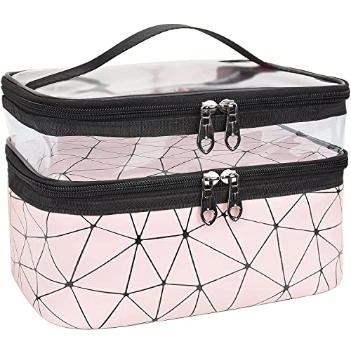 Makeup Organizer Travel Bag with Transparent Top, Dual Zip Compartments, Handle Carry Design, Pink G