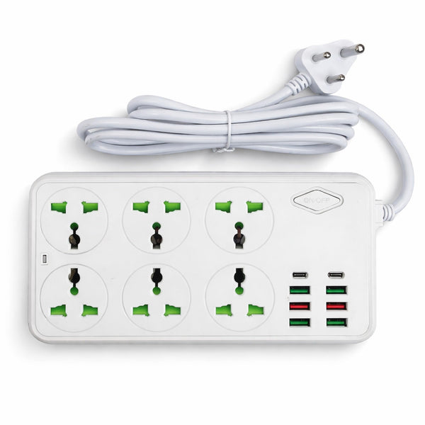 Universal Power Extension Board with 6 Multi Plug Sockets and Multiple USB Ports, On/Off Switch, Wir