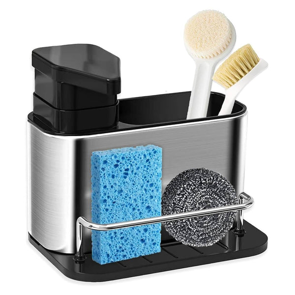 Lakshiv Kitchen Soap Dispenser with Sponge Holder and Brush Organizer, Stainless Steel Sink Caddy wi