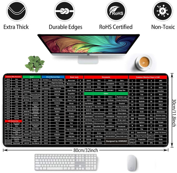 Large Desk Mouse Pad with Printed Keyboard Shortcut Reference, Extended Size Desk Mat for Keyboard a