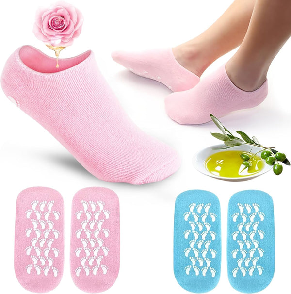 Gel Lined Moisturizing Foot Socks with Anti Slip Sole – Open Heel Design, Cotton Fabric, Pair for Wo