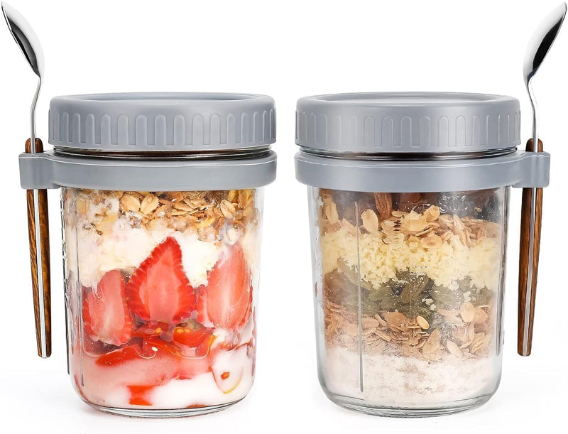 Lakshiv Enterprise Glass Food Storage Jar with Lid and Spoon Holder, 350 ml Borosilicate Glass Container with Measuring Marks for Oats Cereal Yogurt Salad