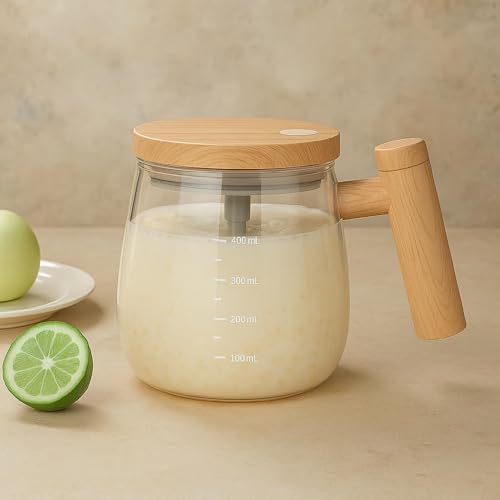Lakshiv Enterprise Automatic Stirring Glass Mixing Cup with Wood-Style Lid & Handle | High Borosilic