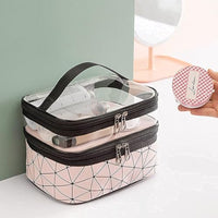 Makeup Organizer Travel Bag with Transparent Top, Dual Zip Compartments, Handle Carry Design, Pink G