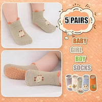 Lakshiv Baby Non-Slip Grip Socks, Pack of 5 Pairs, Soft Cotton Cartoon Socks with Anti-Skid Soles fo