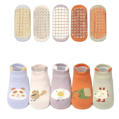 Lakshiv Baby Non-Slip Grip Socks, Pack of 5 Pairs, Soft Cotton Cartoon Socks with Anti-Skid Soles fo
