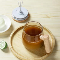 Lakshiv Enterprise Automatic Stirring Glass Mixing Cup with Wood-Style Lid & Handle | High Borosilic