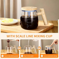 Lakshiv Enterprise Automatic Stirring Glass Mixing Cup with Wood-Style Lid & Handle | High Borosilic