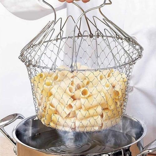 Foldable Wire Mesh Cooking Basket for Frying Boiling Draining and Rinsing – Stainless Steel Multi-Pu