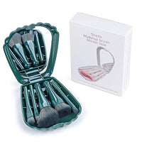Shell Portable Makeup Brush Set with Mirror Box, 5 Brush Set, Green Travel Case