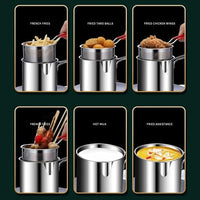 Stainless Steel Fryer Pot with Removable Perforated Basket and Long Handle for Frying and Draining