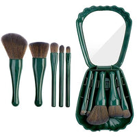 Shell Portable Makeup Brush Set with Mirror Box, 5 Brush Set, Green Travel Case