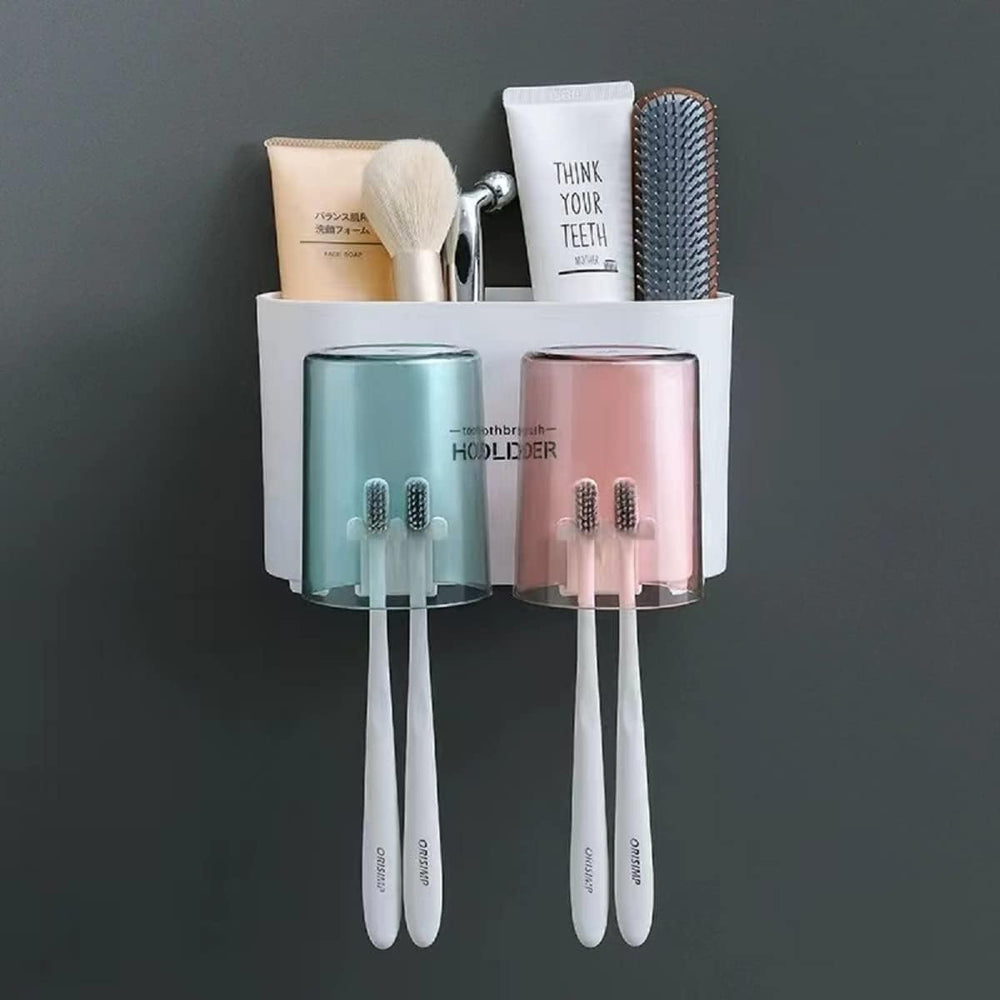 Wall Mounted Toothbrush Holder with Mouthwash Cups, Bathroom Toothbrush Organizer with Storage Shelf, Adhesive No Drill…