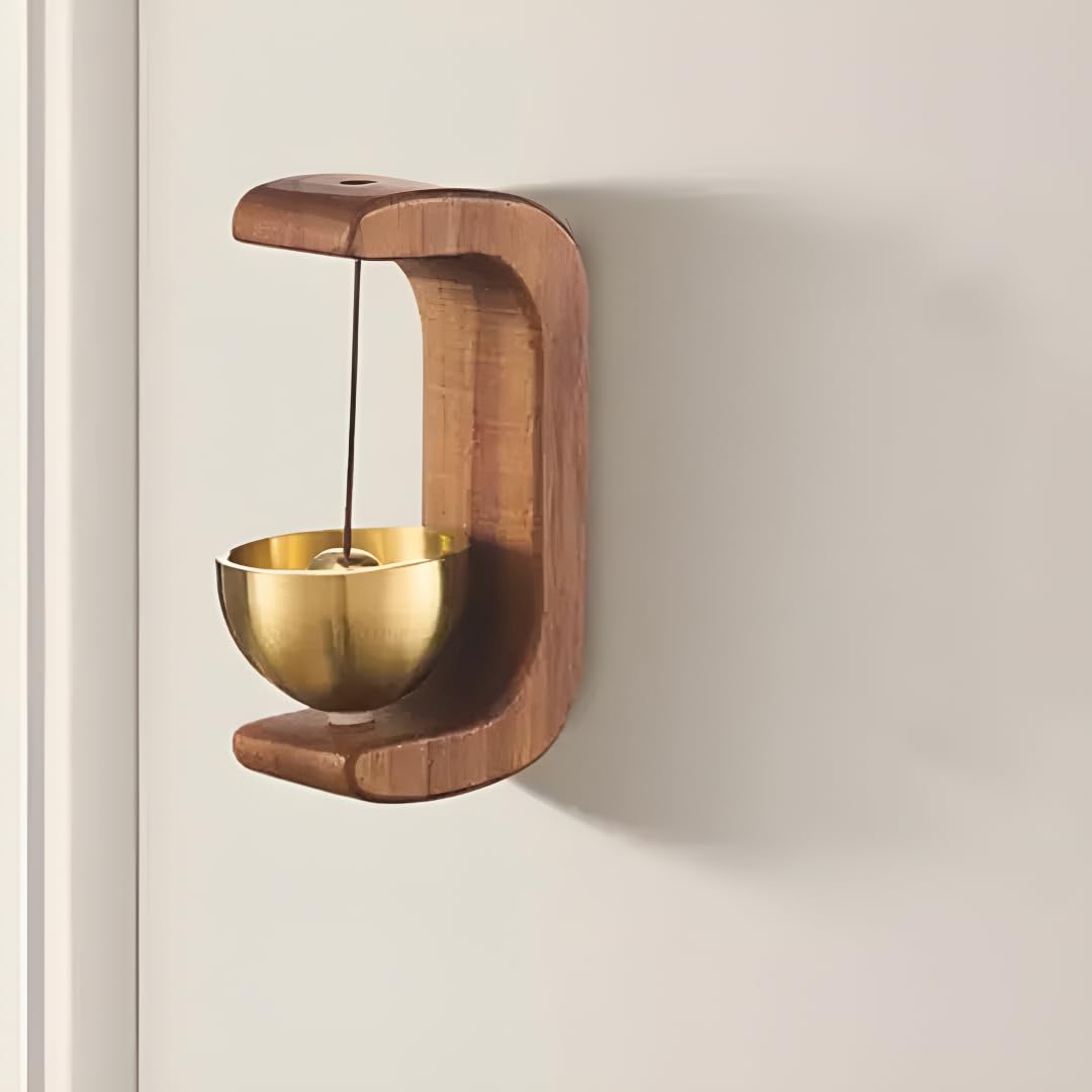 Wooden Door Bell with Brass Hanging Bell | Wall Mount Decorative Bell with Magnet & Sticker Attachment | Light Wood Finish… -