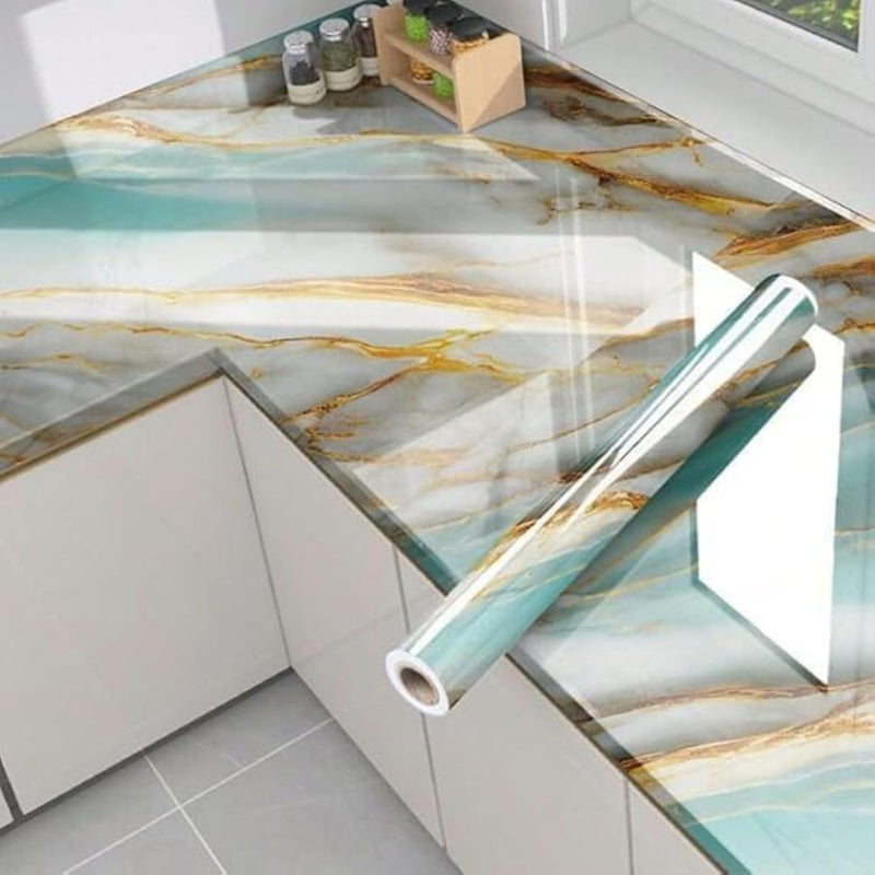 Lakshiv Enterprise Marble Pattern Self Adhesive Wallpaper Roll for Wall and Surface Covering, Green White Gold Design, 60 cm x 200cm
