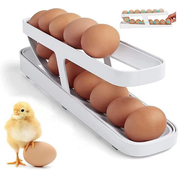 Egg Storage Organizerand dispenser for Refrigerator and Countertop, Two-Tier Rolling Egg Holder Tray