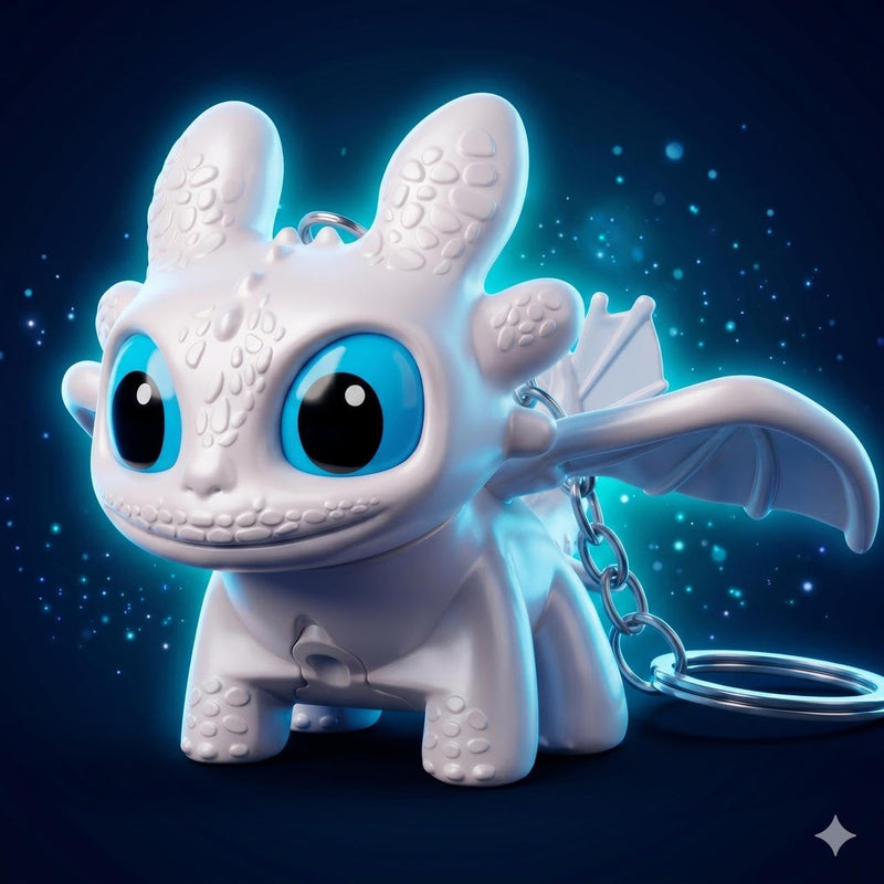 Lakshiv Dragon Keychain Toy with LED Light & Moving Wings, Night Fury Glowing Dragon Keychain | Mini Fantasy Figure Creature Charm for Car Dashboard, Bike Key, Backpack Bag Accessory & Gift (White)