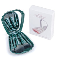 Shell Portable Makeup Brush Set with Mirror Box, 5 Brush Set, Green Travel Case