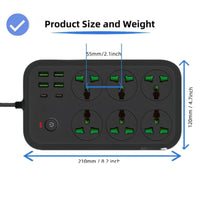 Universal Power Extension Board with 6 Multi Plug Sockets and Multiple USB Ports, On/Off Switch, Wir