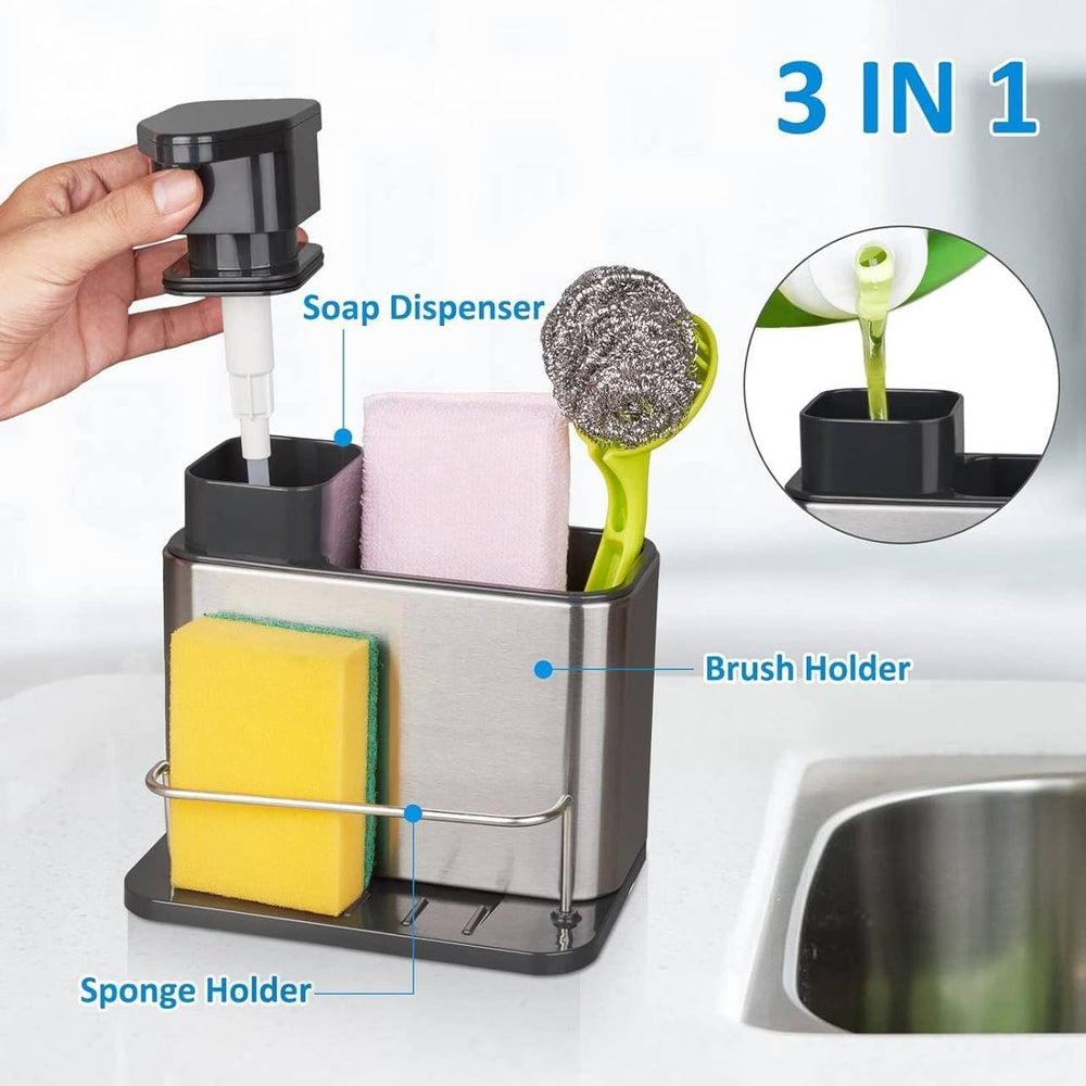 Lakshiv Kitchen Soap Dispenser with Sponge Holder and Brush Organizer, Stainless Steel Sink Caddy with Drain Tray, Liquid… - 