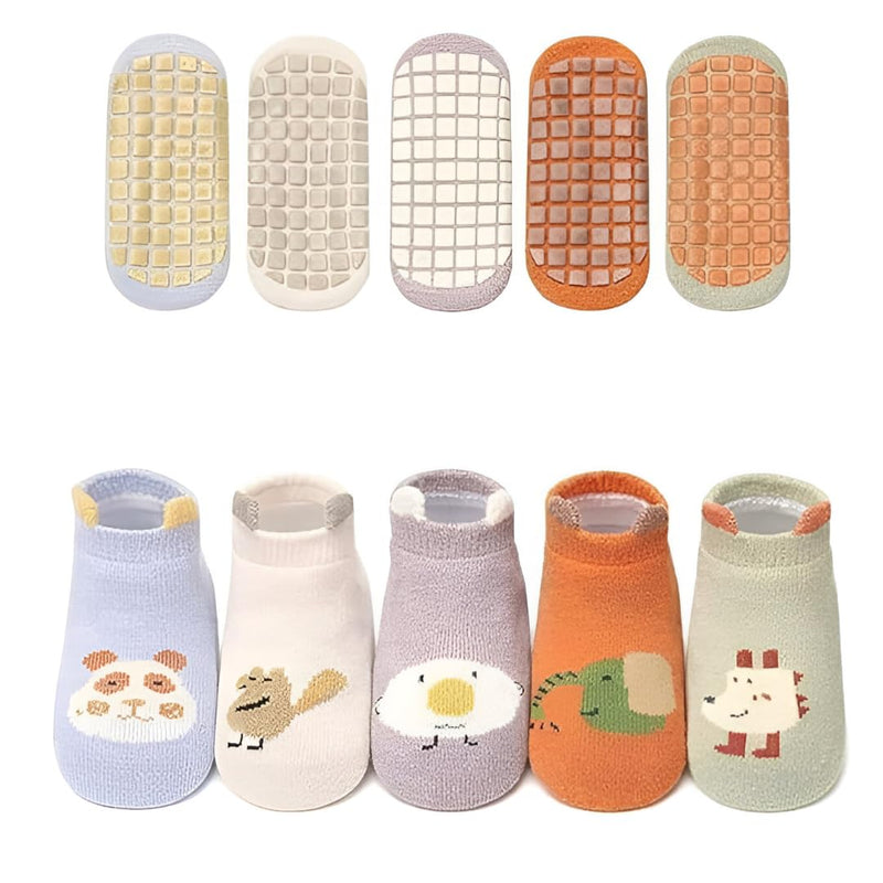 Lakshiv Baby Non-Slip Grip Socks, Pack of 5 Pairs, Soft Cotton Cartoon Socks with Anti-Skid Soles for Infants and Toddlers, Breathable Comfortable Baby Socks, Multicolor, Medium Size