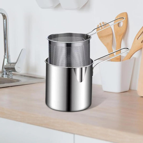 Stainless Steel Fryer Pot with Removable Perforated Basket and Long Handle for Frying and Draining