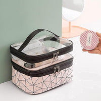 Makeup Organizer Travel Bag with Transparent Top, Dual Zip Compartments, Handle Carry Design, Pink G