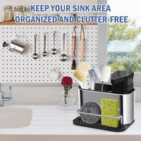 Lakshiv Kitchen Soap Dispenser with Sponge Holder and Brush Organizer, Stainless Steel Sink Caddy wi