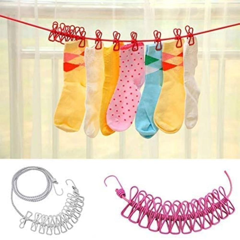 Portable Elastic Clothesline with Metal Clips, Adjustable Rope Design for Indoor and Outdoor Drying