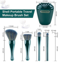 Shell Portable Makeup Brush Set with Mirror Box, 5 Brush Set, Green Travel Case