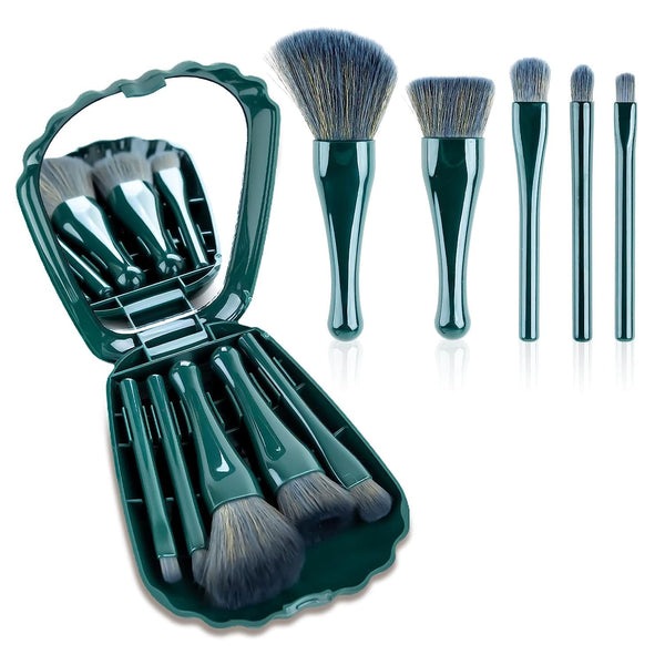 Shell Portable Makeup Brush Set with Mirror Box, 5 Brush Set, Green Travel Case