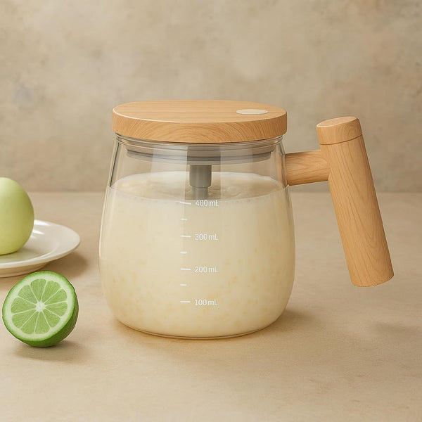Lakshiv Enterprise Automatic Stirring Glass Mixing Cup with Wood-Style Lid & Handle | High Borosilic
