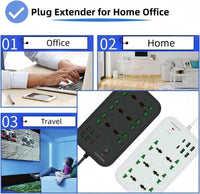 Universal Power Extension Board with 6 Multi Plug Sockets and Multiple USB Ports, On/Off Switch, Wir